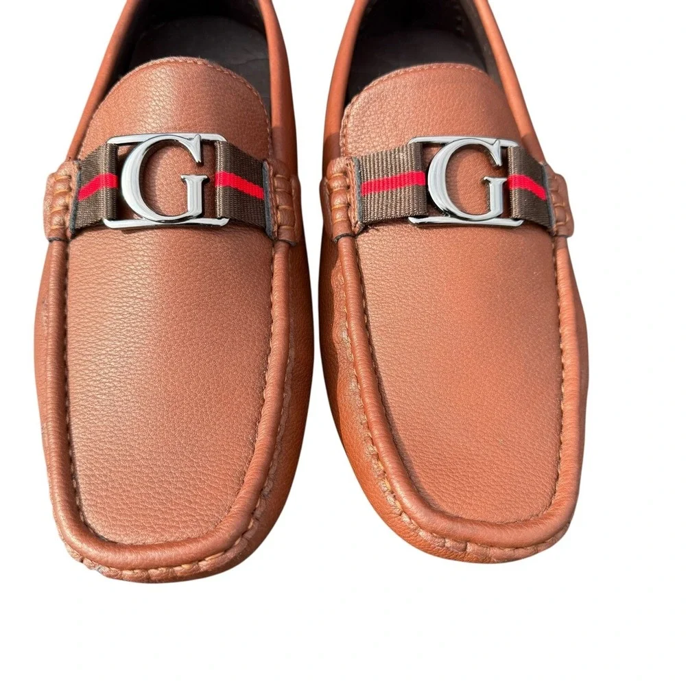 Guess Men's Brown Driver Loafers Size 9M Slip On Moc Toe PU Leather Bit Logo